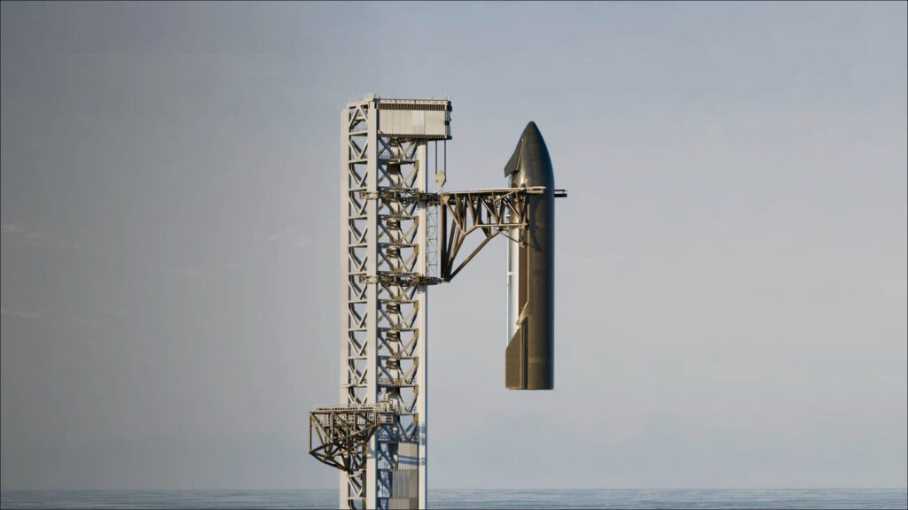 Simulated view of the Starship upper stage catch by the launch tower at Starbase (planned for Flight 15).