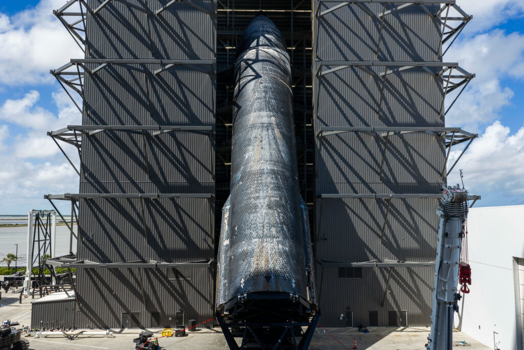 Flight 13 upper stage Starship 40 entering the Megabay at the SpaceX Starbase launch site in Boca Chica, Texas.