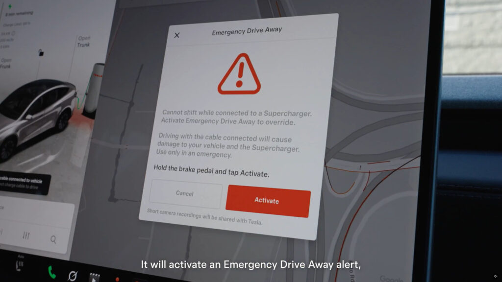 Screenshot of the Emergency Drive Away dialog box on center display of a Tesla asking to Activate and escape an emergency while still connected to a Supercharger.
