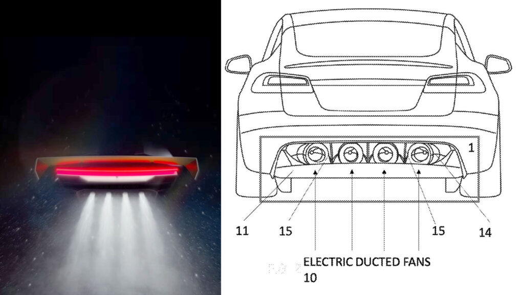 Left: Tesla Roadster pre-unveiling teaser image flipped vertically. Right: Tesla's Electric Fan Car patent shows the placement of the ducted fans to increase downforce and reduce drag.