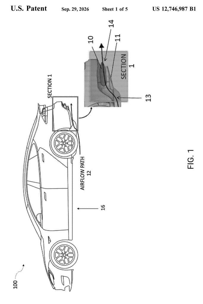 Tesla Electric Fan Car patent: Figure 1 shows the path of the airflow; in from underneath the vehicle and out from the rear diffuser fans.
