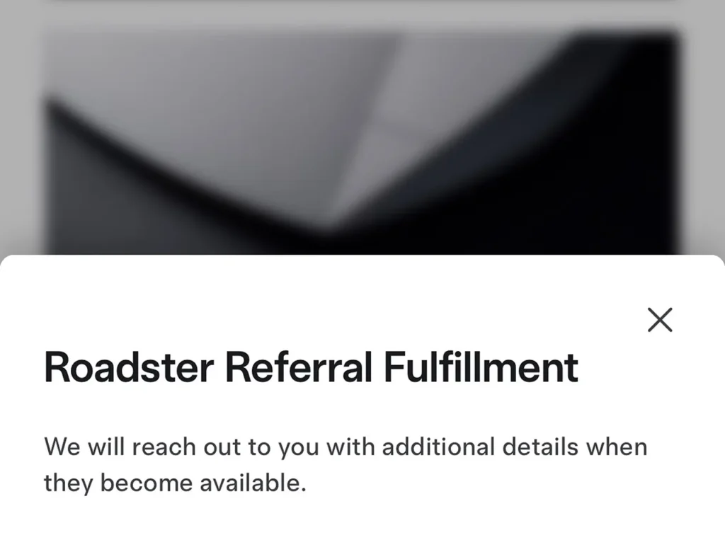 Tesla Roadster Referral Fulfillment screenshot from the most recent Tesla Referral Program after new Roadster's unveiling.