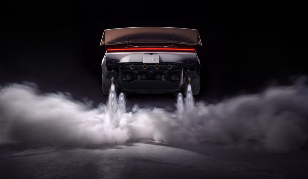 The Tesla Roadster Rocket pushes itself into the air as the four downward rocket thruster nozzles fire at super-high pressure.