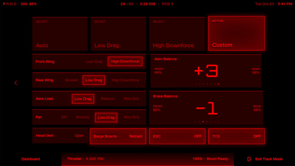 Custom tab of the next-gen Tesla Roadster's Track Mode settings.