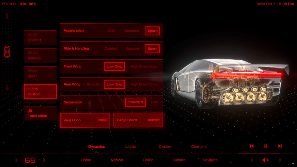 Next-gen Tesla Roadster's Track Mode user interface (UI) on the center touchscreen with custom ride settings for suspension, aerodynamics, acceleration, and handling.