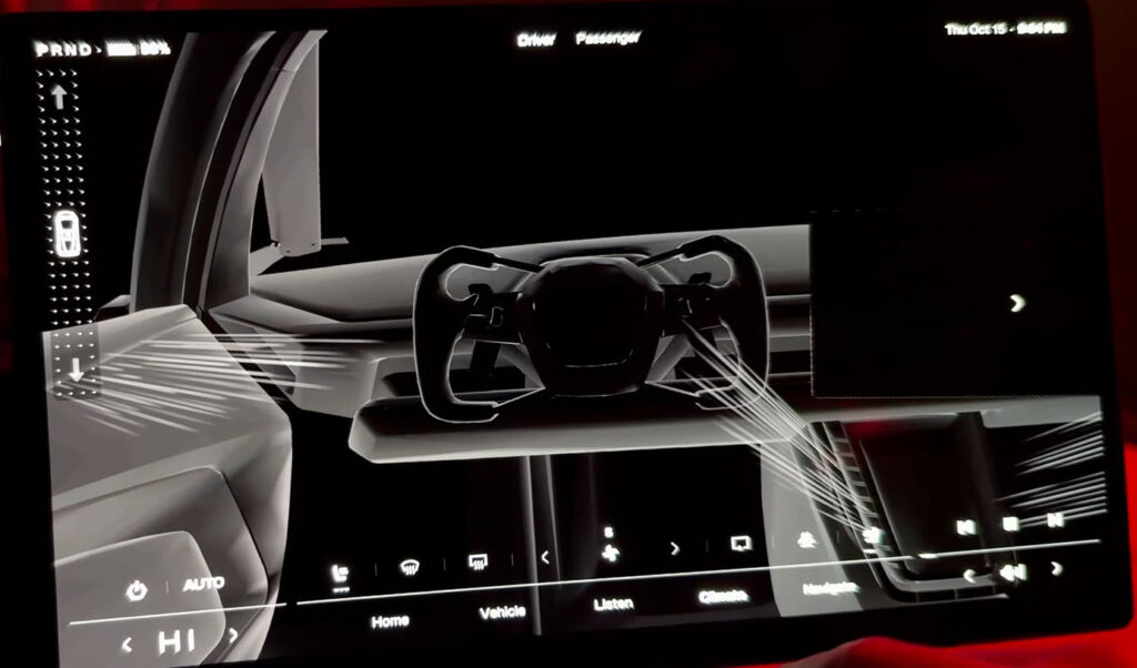 Tesla Roadster interior visualization UI shows non-traditional placement of the HVAC vents.
