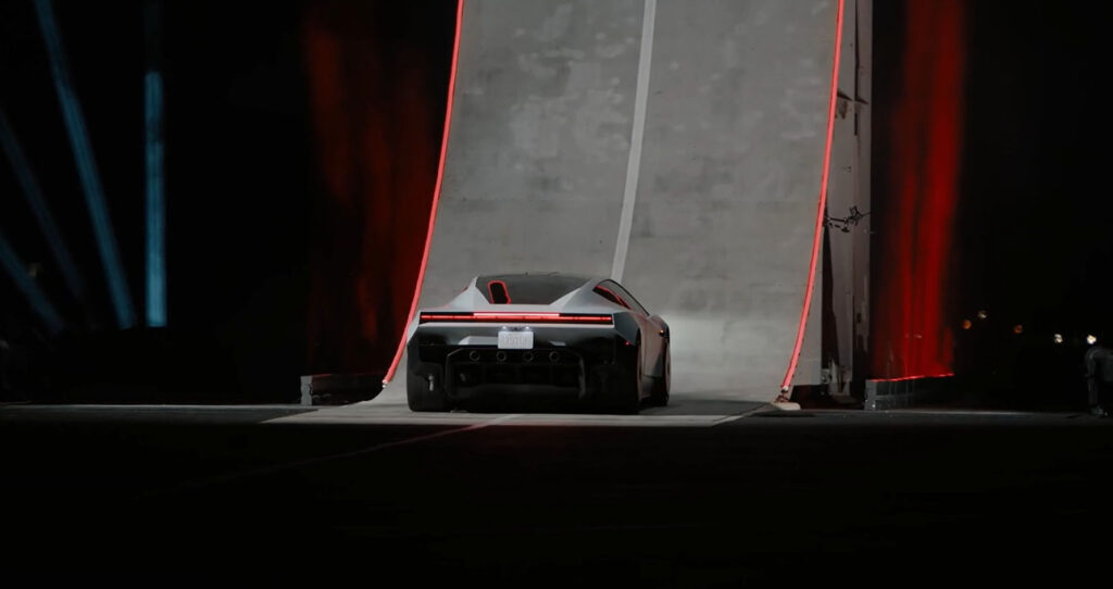 The redesigned 2027 Tesla Roadster's rear view at the unveiling stage before the jump stunt.