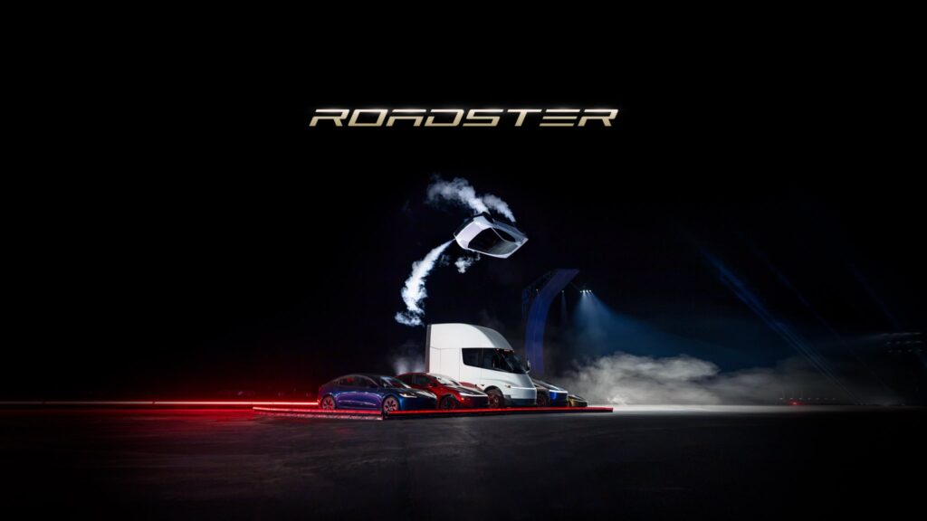 The next-gen Tesla Roadster jumps and flips over 5 vehicles (Model 3 and Cybercab on the sides, Semi in the center, and Model Y on the sides of the Semi truck). October 15, 2026, at the SpaceX McGregor, Texas rocket engine factory.