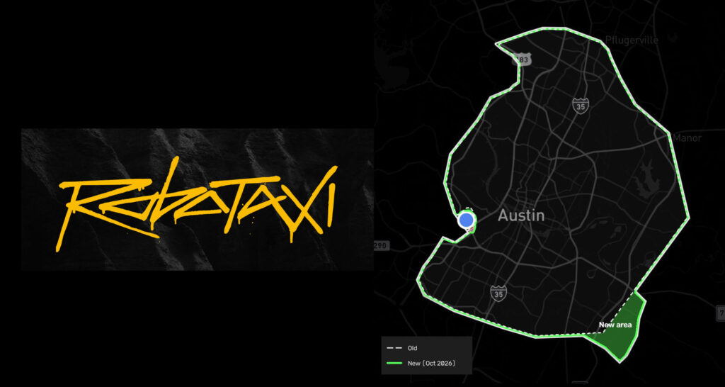 Tesla Robotaxi/Cybercab expanded geofence map on October 23, 2026 (right), Tesla Robotaxi graffiti-style logo (left).