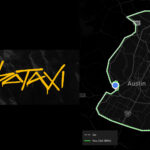 Tesla Robotaxi/Cybercab expanded geofence map on October 23, 2026 (right), Tesla Robotaxi graffiti-style logo (left).