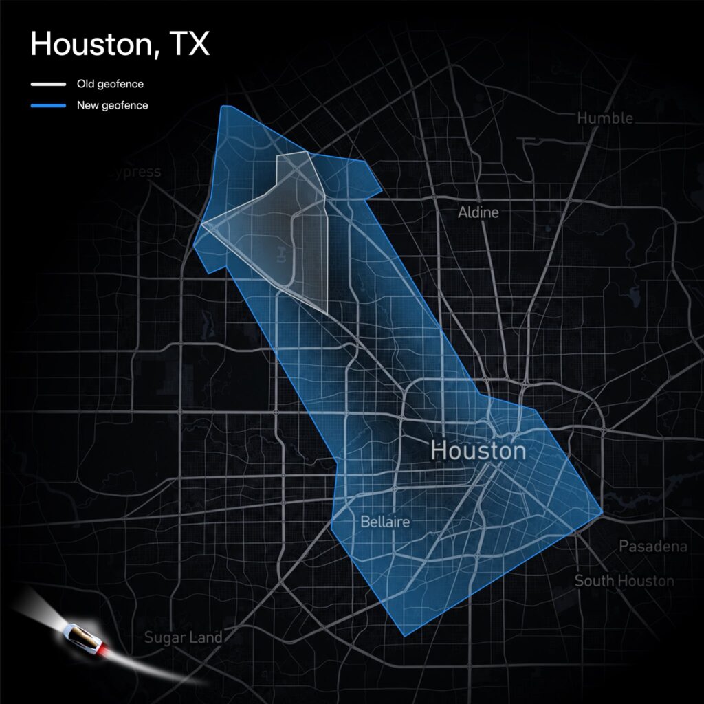 Starship-shaped Tesla Robotaxi Houston geofence map expanded by the automaker on 27th October, 2026.