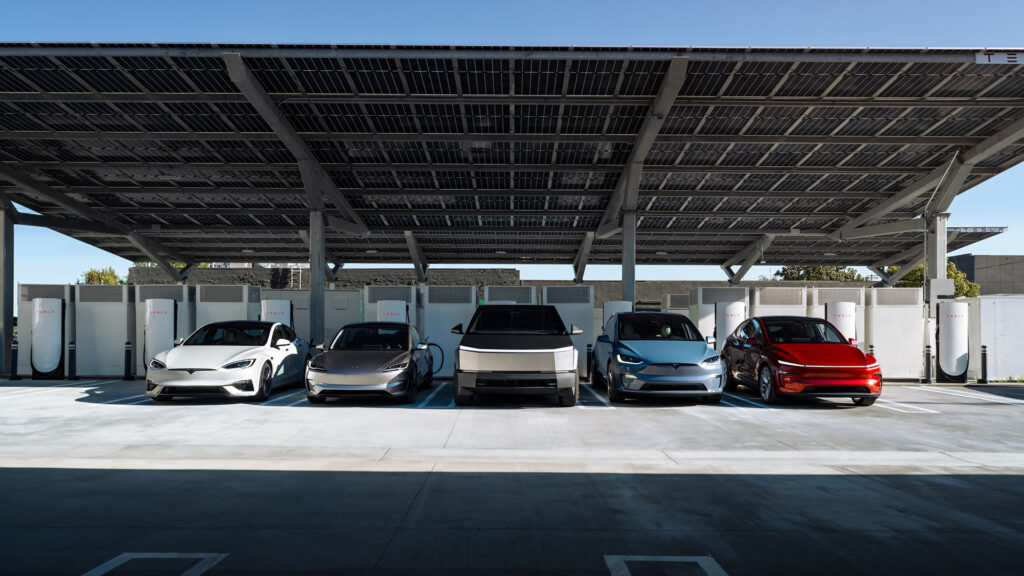 Left to right: Tesla Model S, Model 3 Highland, Cybertruck, Model X, Model Y Juniper charging at a solar-powered Supercharger station (solar panels on roof).