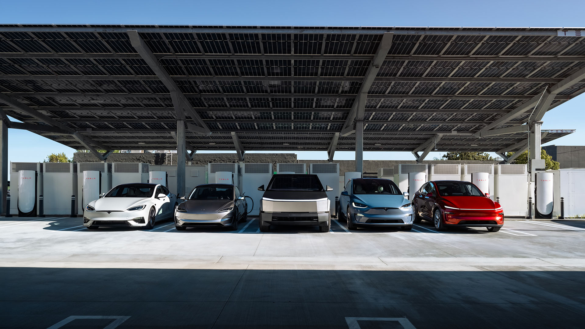 Modern electric vehicle fleet parked at a high-speed charging station on a highway